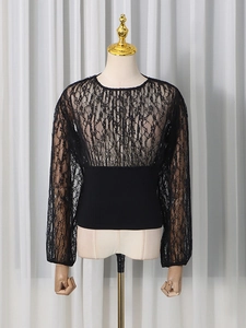 Chic black long sleeve top with lace patchwork and slimming waist for stylish women