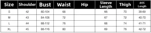 Size chart detail for long sleeve lace bodysuit with bust, waist, and length measurements