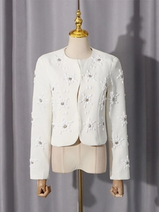 Elegant white commuter blazer set with 3D floral petals and sparkling rhinestone accents