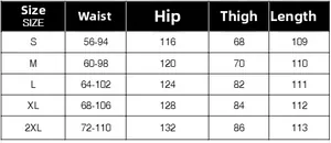 Size chart table for high waist wide leg jeans showing measurements from size S to 2XL