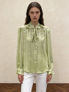 Light green satin shirt with ruffle collar and sequined shoulders for women