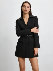 Elegant black long sleeve blazer dress with waist belt and slim fit design for professional look