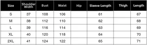 Detailed size chart for loose rhinestone shirt including bust and shoulder measurements