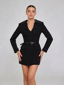 Slim fit black blazer dress with V-neck lapel and leather waist belt for professional style