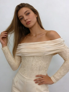 Body Femme Sexy Épaules Dénudées en Dentelle Manches Longues Satin Plissé Coupe Ajustée Élégante Combinaison de Fête