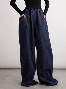 Women Vintage High Waist Wide Leg Jeans Contrast Stitching Elastic Waist Loose Cargo Denim Pants With Large Pockets