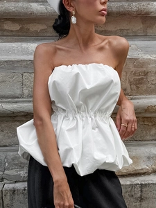 Haut Bustier Blanc Sexy Femme Design Froncé Ourlet à Basque Épaules Dénudées Chemisier Élastique Coupe Minceur pour Quotidien Fête Femme