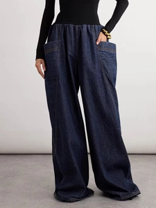 Women's vintage high waist wide leg jeans in dark blue with large side pockets