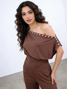 Maglia Donna Sexy Spalle Scoperte Irregolare Decorazione Bottoni Patchwork Manica Corta Camicetta Tinta Unita Pizzo