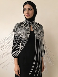 Women Vintage Luxurious Sequin Beaded Fringe Shawl Cape Floral Pattern Elegant Party Evening Shrug Wrap Outerwear