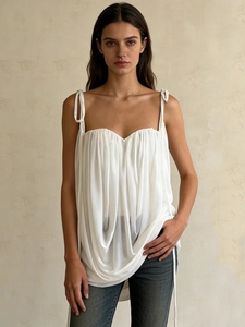 Women Elegant Resort Style Ruffled Camisole White Solid Color Tie Up Shoulder Straps Sleeveless Pleated Slim Fit Top