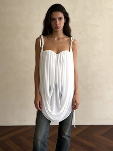 Women's white pleated camisole top with spaghetti straps and sweetheart neckline