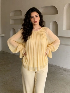 Blouse Plissée Décontractée pour Femme Manches Lanterne Col Rond Top en Mousseline Élégant avec Paillettes