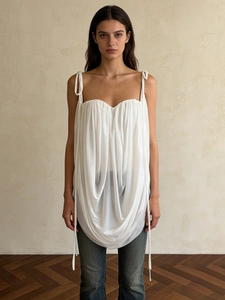 White draped camisole with thin straps and pleated chiffon texture for women