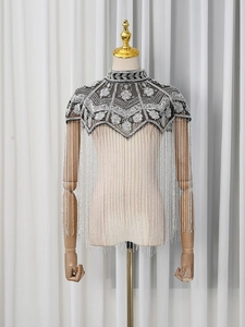 Vintage mesh shawl with white floral beadwork and long silver tassel fringe