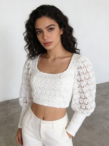 Elegant French Style Floral Lace Cropped Blouse Square Neck Puff Sleeve Long Sleeve Slim Fit Sexy Women Top Spring Fashion