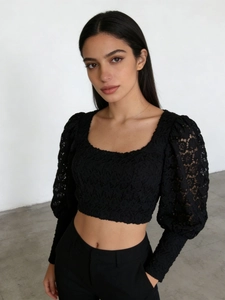 Elegant black lace long sleeve crop top with square neckline and puff sleeves for women