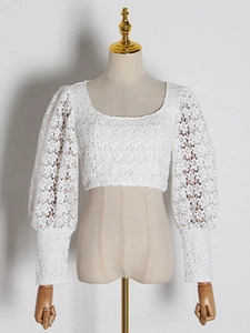 Short white lace blouse featuring an elegant square neckline and puff lantern sleeves