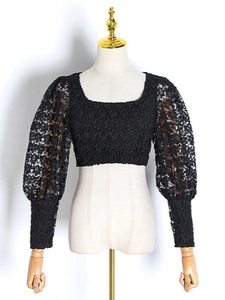 French style black floral lace crop top with elegant puff sleeves and square neckline