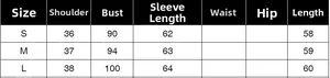 Detailed size chart for the French style slim fit jacket with hollow design for women