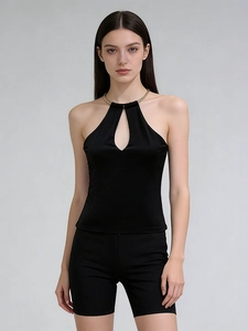 Slim fit black halter neck top for women featuring a gold ring and cutout detail
