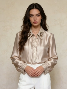 Elegant Women Satin Long Sleeve Shirt Rhinestone Collar Decoration Single Breasted Casual Blouse Top Champagne Black Office Wear