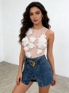 Women Sexy 3D Flower Mesh Bodysuit Sleeveless Transparent Patchwork Slim Fit Party Clubwear Romper Elegant Top Fashion Jumpsuit