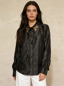 Elegant black satin long-sleeve shirt with crystal embellished collar and gold buttons