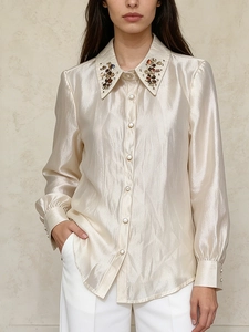 Elegant champagne satin shirt with rhinestone collar and pearl buttons in a loose fit
