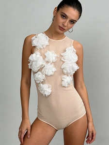 Sleeveless beige bodysuit for women with 3D white floral appliques and sheer fabric