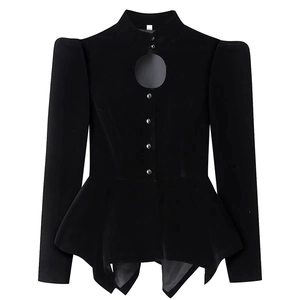 Detail of black velvet slim fit top with silver buttons and creative neck hollow-out design
