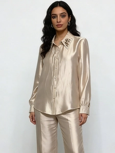 Women's champagne satin lounge set with rhinestone collar and loose fit blouse