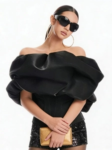 Chic black off-shoulder corset top with voluminous ruffled neckline for women