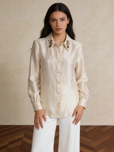 Elegant champagne silk-like long sleeve shirt with rhinestone collar and pearl buttons
