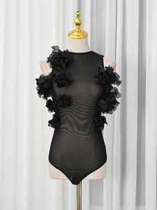 Slim fit black mesh bodysuit for women featuring 3D floral applique and sleeveless design
