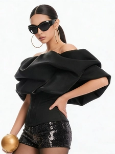Slim fit corset top with off-shoulder ruffle neckline and sequined high waist shorts