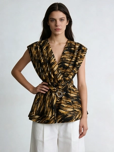 British style sleeveless V-neck top with golden abstract print and buckled waist belt
