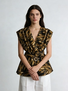 Women's V-neck sleeveless wrap top with abstract stripes and metal buckle belt