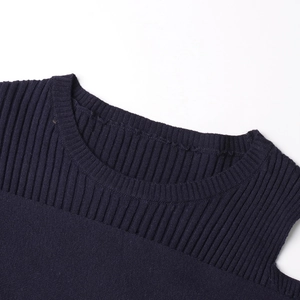 Detailed macro view of the round neckline and vertical ribbed knit texture in navy blue