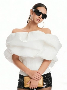 Slim-fit white off-shoulder top for women featuring artistic dramatic ruffles and cloud collar