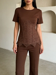 Maglietta da Donna Sexy a Corsetto Slim Fit Patchwork di Pizzo Manica Corta Girocollo Girovita Stretto Festa Moda