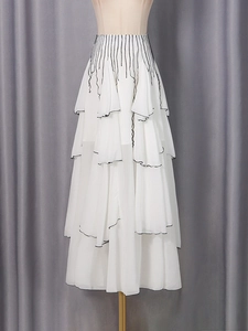 French style contrast mesh tiered maxi skirt with elegant black ruffle trim detail