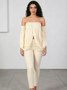 Women's cream off-shoulder top with lantern sleeves and matching high-waist trousers