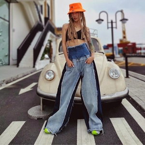Fashion high waist patchwork wide leg jeans with frayed edges and dual-tone denim panels