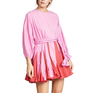 Robe Trapèze Colorblock Arc-en-ciel Pour Femmes Manches Lanterne Coupe Ample Casual Robe Midi Imprimée Avec Ceinture Tressée