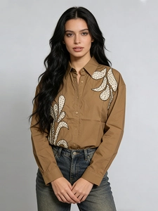 Khaki long-sleeve cotton shirt with white leaf embroidery and black bead detailing