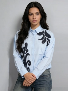 Light blue long sleeve shirt with black sequin leaf embroidery and denim jeans set