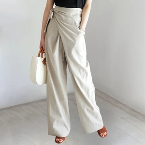 Pantalon Décontracté à Taille Haute et Jambes Larges pour Femmes Avec Nœud Papillon Portefeuille Couleur Unie Élégant Pantalon Ample