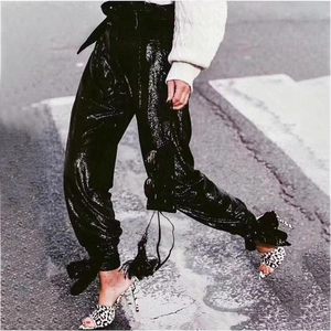 Pantaloni Harem da Donna Neri con Paillettes a Vita Alta Con Fiocco sull'Orlo Streetwear Casual Jogger in Poliestere Pantaloni Lunghi Conici