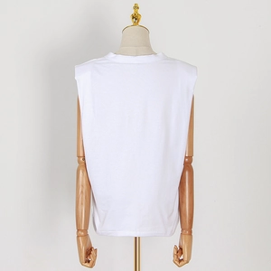Rear view of white sleeveless padded shoulder t-shirt on a wooden mannequin stand